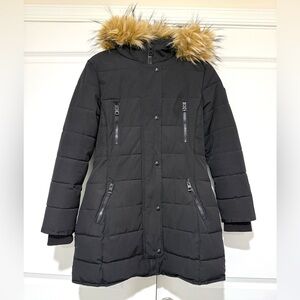 Guess Black Puffer Coat with Fur Hood